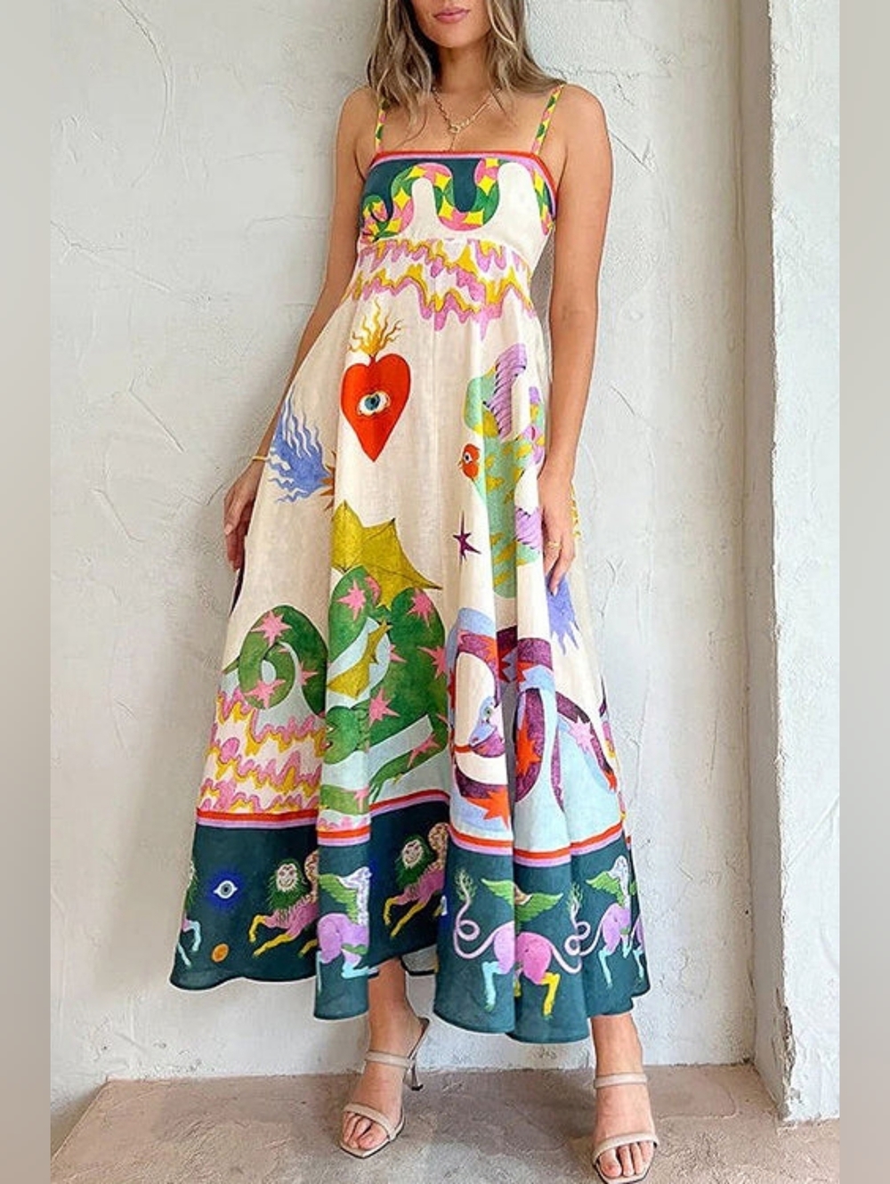Women's 2026 New Casual Linen Print Long Dress, Suspender Style Wide Swing Dress